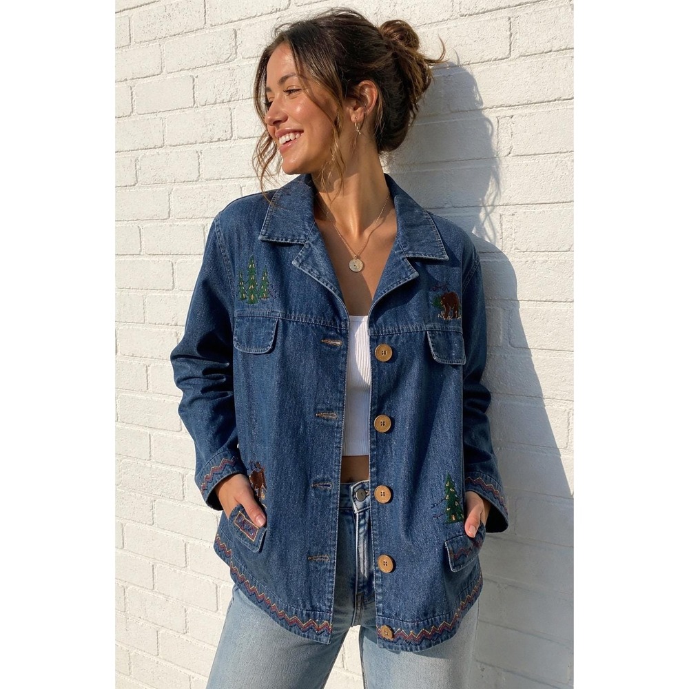 Vintage Breckenridge Blue Denim Jacket Embroidered Bear Moose Nature Large